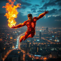 An Indian superhero soaring majestically through the night sky, using their fire powers to illuminate the scene around them