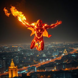 An Indian superhero soaring majestically through the night sky, using their fire powers to illuminate the scene around them