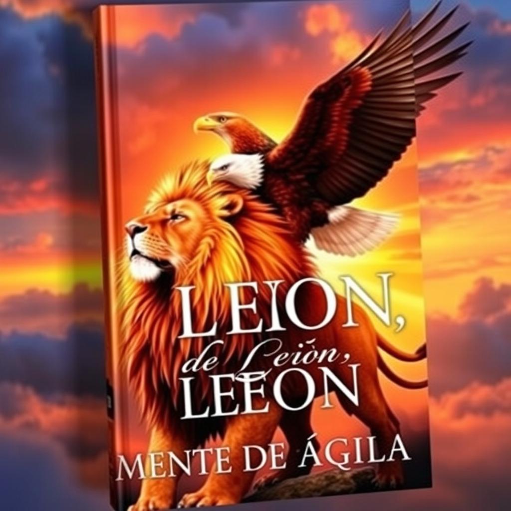 A captivating book cover for 'Corazón de León, Mente de Águila', featuring a majestic lion and a wise eagle intertwined in a dynamic composition