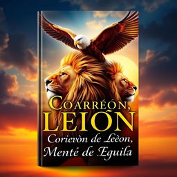 A captivating book cover for 'Corazón de León, Mente de Águila', featuring a majestic lion and a wise eagle intertwined in a dynamic composition