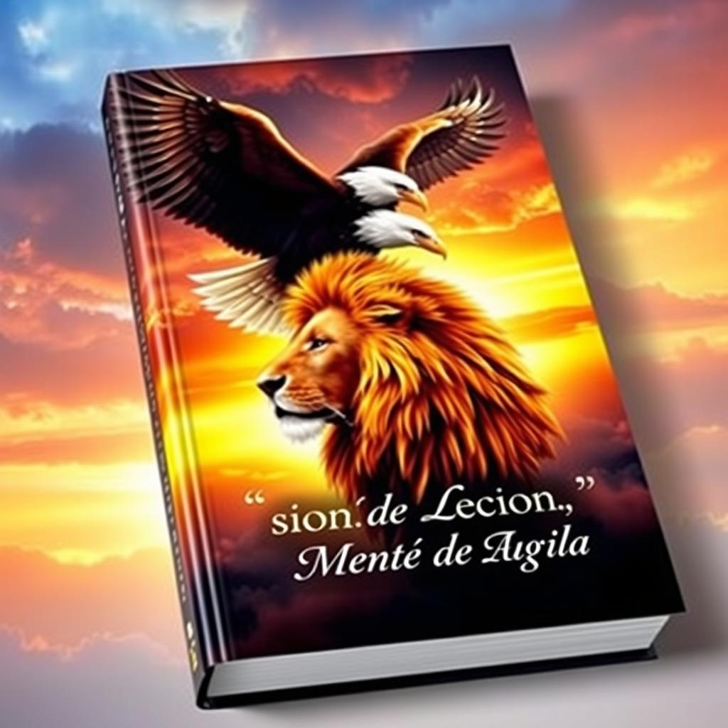 A captivating book cover for 'Corazón de León, Mente de Águila', featuring a majestic lion and a wise eagle intertwined in a dynamic composition