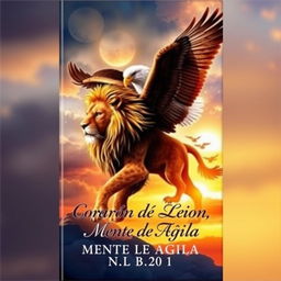 A captivating book cover for 'Corazón de León, Mente de Águila', featuring a majestic lion and a wise eagle intertwined in a dynamic composition