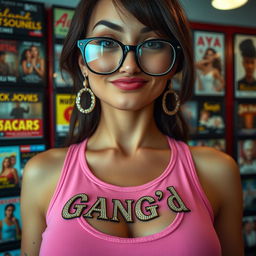 An extreme close-up torso shot of a gorgeous brunette woman wearing glasses, featuring a pink tank top adorned with an ornate gold and diamond trim 'GANG'd' logo