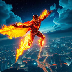 An Indian superhero flying majestically at night above the vibrant city of Mumbai, utilizing their spectacular fire powers to light up the skyline