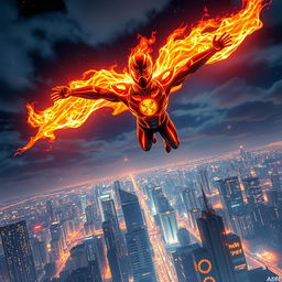 An Indian superhero flying majestically at night above the vibrant city of Mumbai, utilizing their spectacular fire powers to light up the skyline