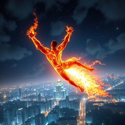 An Indian superhero flying majestically at night above the vibrant city of Mumbai, utilizing their spectacular fire powers to light up the skyline