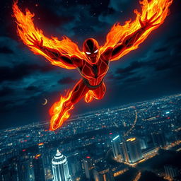 An Indian superhero flying majestically at night above the vibrant city of Mumbai, utilizing their spectacular fire powers to light up the skyline