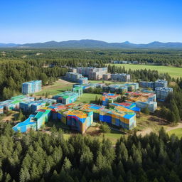 A myriad of distinctive and cheerful school buildings scattered across a green landscape under a bright blue sky.