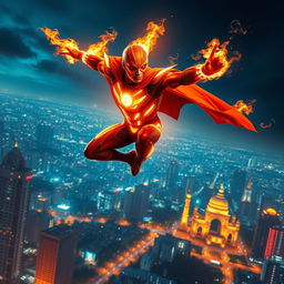 An Indian superhero soaring through the night sky high above Mumbai, harnessing their spectacular fire powers as they illuminate the darkness with vibrant flames