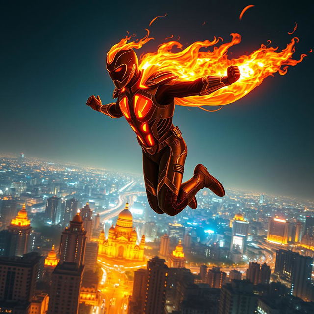 An Indian superhero soaring through the night sky high above Mumbai, harnessing their spectacular fire powers as they illuminate the darkness with vibrant flames