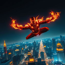 An Indian superhero soaring through the night sky high above Mumbai, harnessing their spectacular fire powers as they illuminate the darkness with vibrant flames