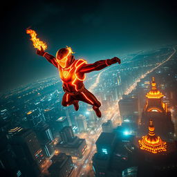 An Indian superhero soaring through the night sky high above Mumbai, harnessing their spectacular fire powers as they illuminate the darkness with vibrant flames