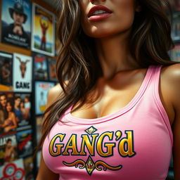 An extreme close-up shot featuring a gorgeous brunette woman in a pink tank top with ornate gold and diamond trim of the 'GANG'd' logo