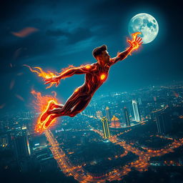 An Indian superhero soaring through the night sky, overlooking the vibrant cityscape of Mumbai