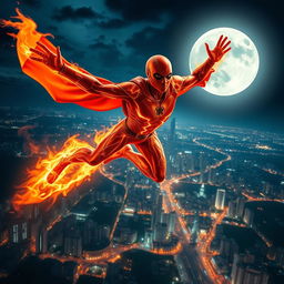 An Indian superhero soaring through the night sky, overlooking the vibrant cityscape of Mumbai