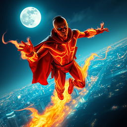 An Indian superhero soaring through the night sky, overlooking the vibrant cityscape of Mumbai