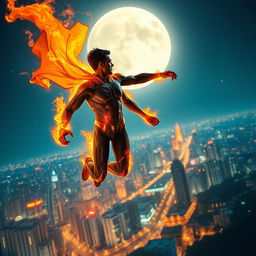 An Indian superhero soaring through the night sky, overlooking the vibrant cityscape of Mumbai