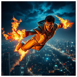 An Indian superhero flying majestically through the night sky, with the stunning city of Mumbai illuminated below