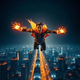 An Indian superhero flying majestically through the night sky, with the stunning city of Mumbai illuminated below