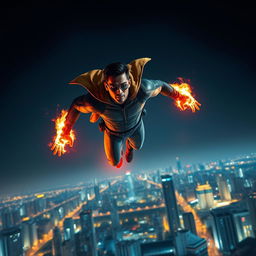 An Indian superhero flying majestically through the night sky, with the stunning city of Mumbai illuminated below