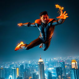 An Indian superhero flying majestically through the night sky, with the stunning city of Mumbai illuminated below