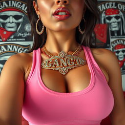 An extreme close-up of a gorgeous brunette's torso, showcasing her wearing a pink tank top adorned with ornate gold and diamond trim featuring a prominent 'GANG'd' logo