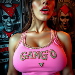 An extreme close-up of a gorgeous brunette's torso, showcasing her wearing a pink tank top adorned with ornate gold and diamond trim featuring a prominent 'GANG'd' logo