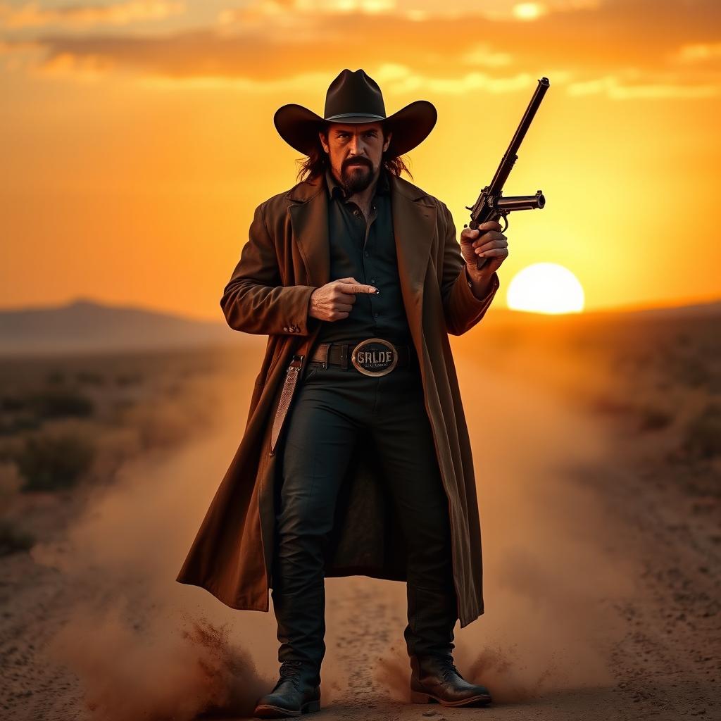 A dynamic scene featuring a tough cowboy reminiscent of Scarface, wearing a wide-brimmed hat and a long duster coat