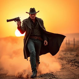 A dynamic scene featuring a tough cowboy reminiscent of Scarface, wearing a wide-brimmed hat and a long duster coat