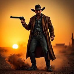 A dynamic scene featuring a tough cowboy reminiscent of Scarface, wearing a wide-brimmed hat and a long duster coat