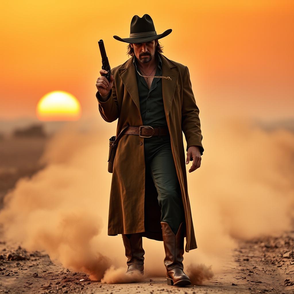 A dynamic scene featuring a tough cowboy reminiscent of Scarface, wearing a wide-brimmed hat and a long duster coat