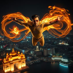 An Indian superhero flying powerfully at night over the vibrant Mumbai skyline, his arms outstretched and surrounded by swirling fiery energy