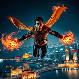 An Indian superhero flying powerfully at night over the vibrant Mumbai skyline, his arms outstretched and surrounded by swirling fiery energy