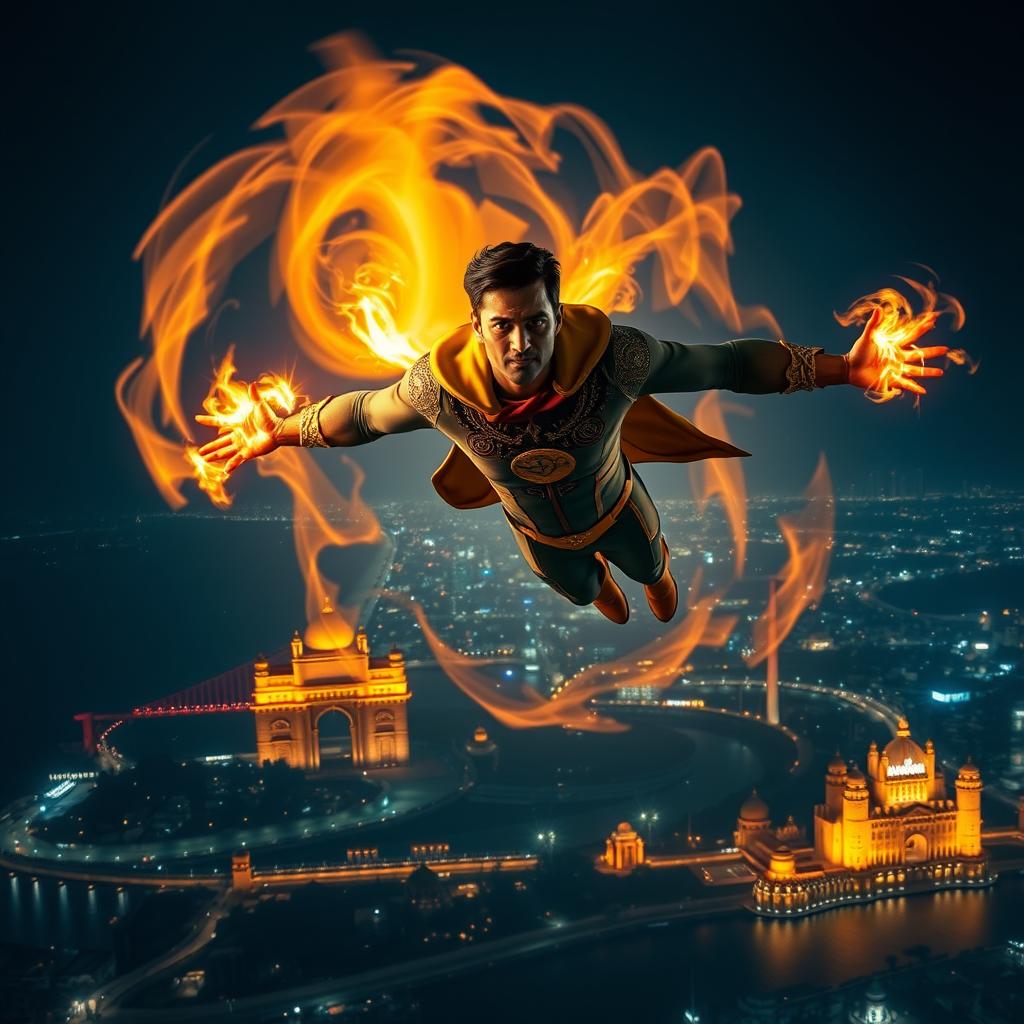 An Indian superhero flying powerfully at night over the vibrant Mumbai skyline, his arms outstretched and surrounded by swirling fiery energy