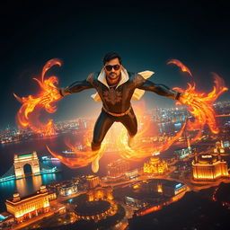 An Indian superhero flying powerfully at night over the vibrant Mumbai skyline, his arms outstretched and surrounded by swirling fiery energy