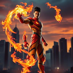 An Indian superhero showcasing incredible fire powers in an action-packed pose, ready for battle