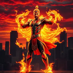 An Indian superhero showcasing incredible fire powers in an action-packed pose, ready for battle