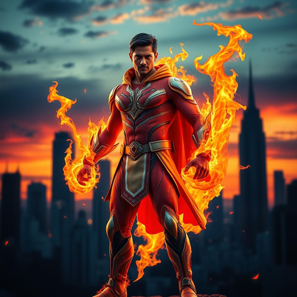 An Indian superhero showcasing incredible fire powers in an action-packed pose, ready for battle