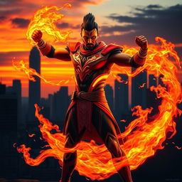 An Indian superhero showcasing incredible fire powers in an action-packed pose, ready for battle