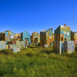 A myriad of distinctive and cheerful school buildings scattered across a green landscape under a bright blue sky.