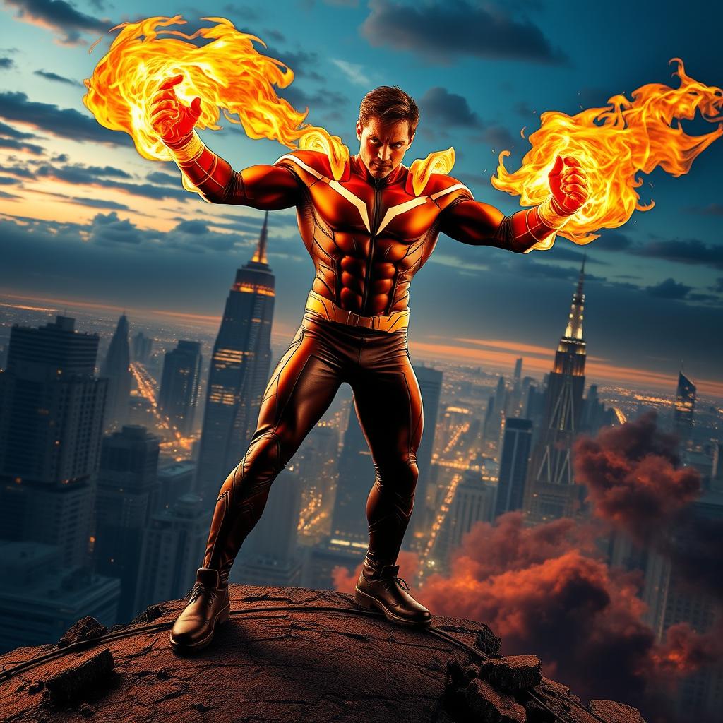 A powerful superhero wielding stunning fire powers, posed dramatically with flames erupting from his hands and swirling around him