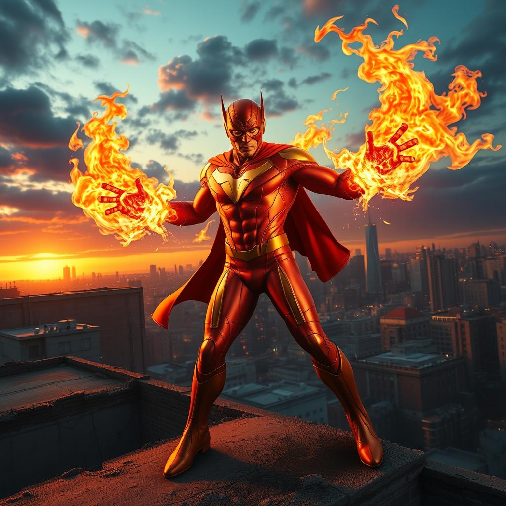 A powerful superhero wielding stunning fire powers, posed dramatically with flames erupting from his hands and swirling around him