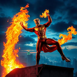 A powerful superhero wielding stunning fire powers, posed dramatically with flames erupting from his hands and swirling around him