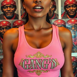 An extreme close-up torso shot of a gorgeous brunette woman wearing a pink tank top