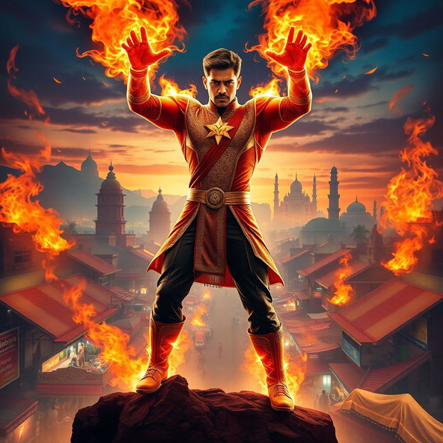 An Indian superhero with spectacular fire powers, poised dramatically amidst an intense action scene