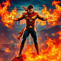 An Indian superhero with spectacular fire powers, poised dramatically amidst an intense action scene