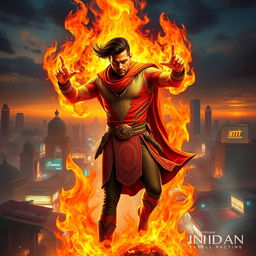 An Indian superhero with spectacular fire powers, poised dramatically amidst an intense action scene