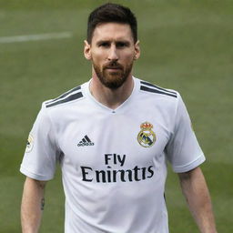 Lionel Messi wearing a Real Madrid football shirt