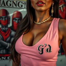 An extreme close-up torso shot showcasing a gorgeous brunette woman wearing a pink tank top adorned with ornate gold and diamond trim featuring a 'GANG'd' logo