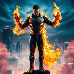 A superhero with astounding fire powers clad in a futuristic sci-fi supersuit, striking a powerful action pose